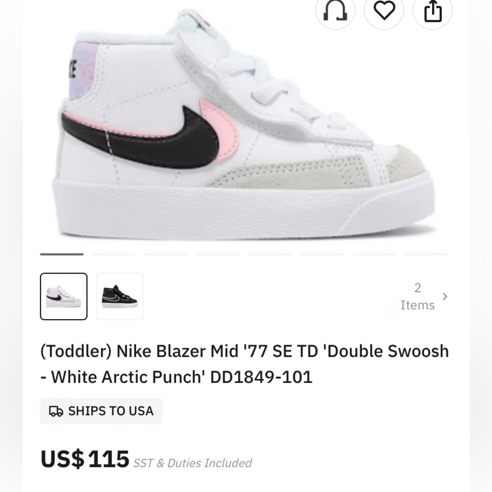 Nike Blazer Mid '77 SE TD Kids Sneakers - White, Pink, Black sz 7c toddles euc